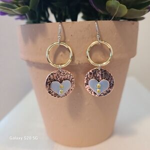 Handmade Copper‎ & Silver Tone Heart Earrings Dangle Drop Women's Jewelry NWOT